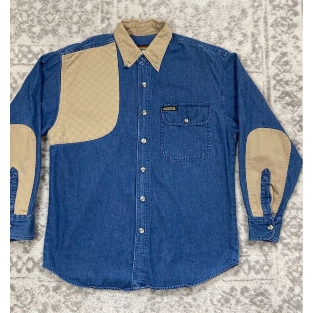 Vintage Remington Denim Shirt Blue Button Down Shooting Patches XL